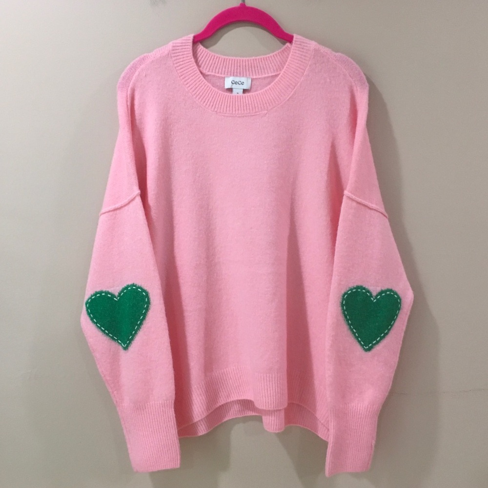 NWT CeCe Heart Elbow Patch Sweater Prism Pink Green Hearts Crewneck Womens M